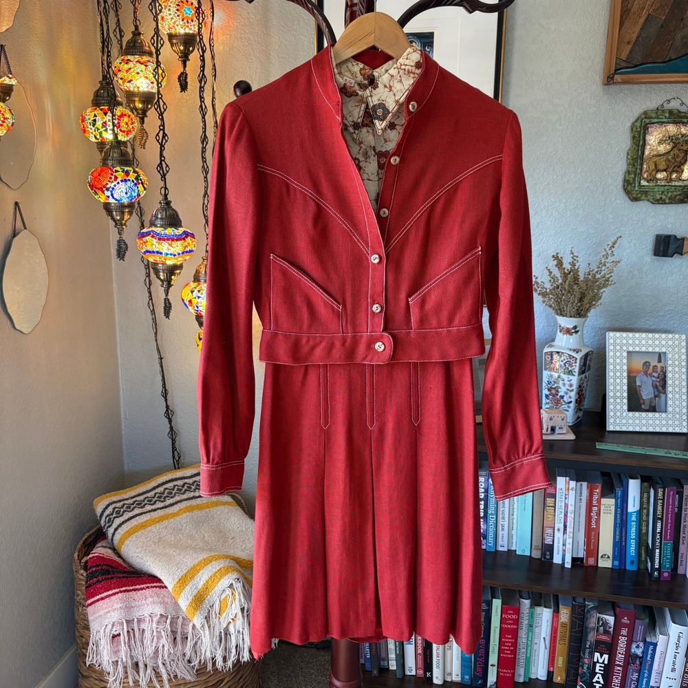 Vintage 1960s Rust Contrast Stitch Floral Bodice Midi Dress Mod Folk